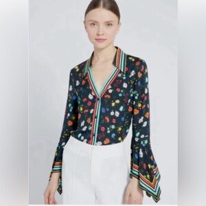 Alice + Olivia Black Floral Blouse with Striped Trim